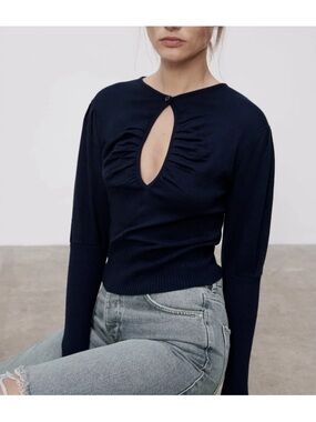 Zara Dark Navy Ruched Keyhole Crewneck Sweater